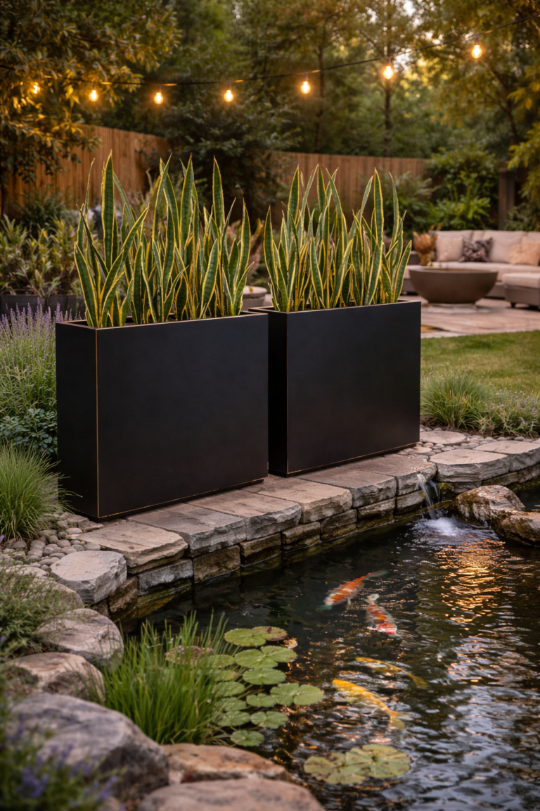 Modern backyard design with tall black planters, snake plants, koi pond water feature, and outdoor patio lighting