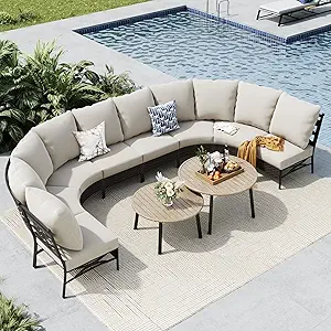 Half-moon curved outdoor sectional sofa with woven rattan design, featuring eight seats and two round wood-like tables, perfect for backyard, garden, or deck lounging.
