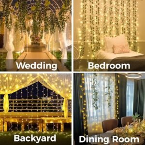 Warm white curtain lights with 200 LED hanging string lights, perfect for indoor or outdoor use on walls, windows, backdrops, weddings, dorm rooms, and parties.