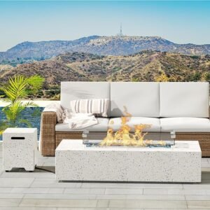 56-inch outdoor propane fire pit table with 50,000 BTU output, includes tank table, glass wind guard, and blue fire glass, perfect for garden, poolside, and backyard settings.