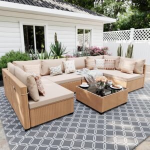 Transform your outdoor space with the UPHA 7-Piece Patio Furniture Set! 🏡☀️ This stylish outdoor sectional sofa features durable yellow rattan wicker, soft beige cushions, and a modular design perfect for decks, backyards, and gardens. Create a cozy conversation area with this versatile and elegant patio set — ideal for relaxing, entertaining, and enjoying beautiful outdoor living!
