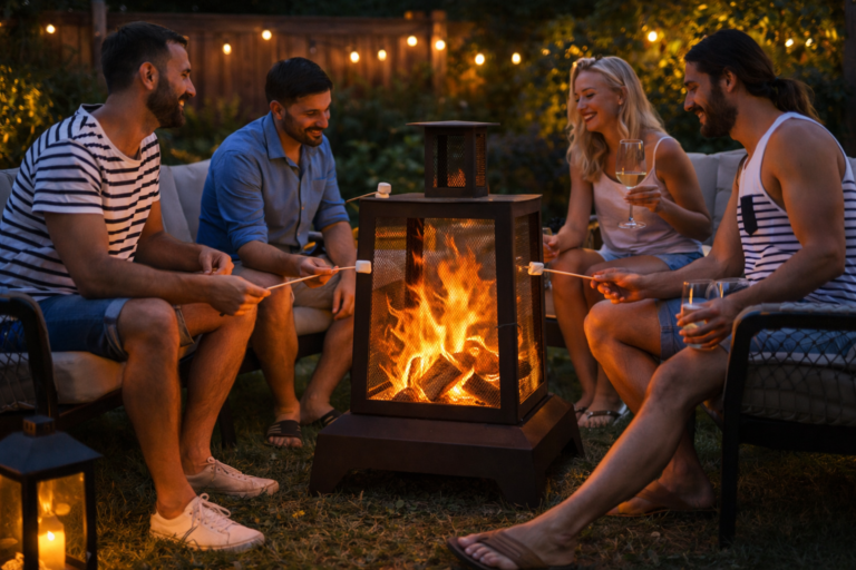 Backyard fire pit with friends gathered around enjoying a cozy outdoor evening with warm lighting