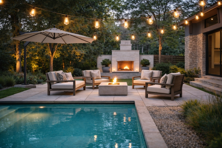 Elegant backyard with swimming pool, modern outdoor seating around a fire pit, string lights overhead, and a cozy patio design at dusk