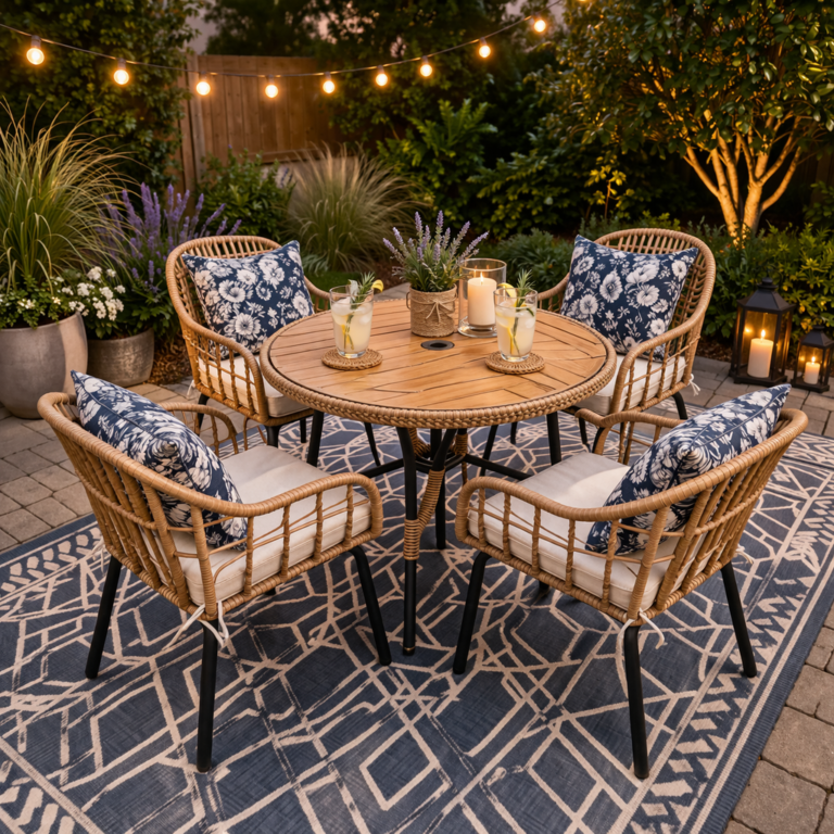 Outdoor patio dining set with wicker chairs, string lights, and landscaped backyard lighting at night