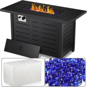 42-inch propane gas fire pit table with 50,000 BTU auto-ignition system and lid, ideal for outdoor garden, backyard, deck, and patio use.