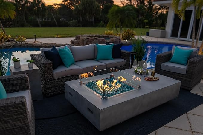 Rectangular Concrete Gas Fire Pit Table with Glass Guard and Fire Glass (Gray)