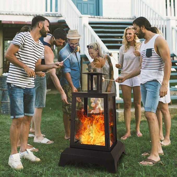 Bring warmth and style to your outdoor space with this Large Steel Wood-Burning Fire Pit Tower! 🔥 Standing 44" high, this patio fireplace features a durable mesh screen cover for added safety. Perfect for backyard gatherings, garden parties, beach nights, and camping adventures. Create unforgettable memories around a big, cozy fire!