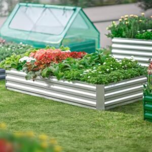 Quictent raised garden bed with outdoor galvanized metal planter box, mini greenhouse cover, two large screen windows, 20 plant tags, and gloves included, ideal for growing vegetables in a 6x3x1 foot space.