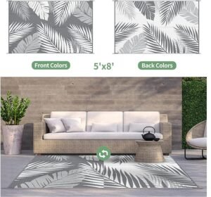 Waterproof 5x8 outdoor rug made from reversible plastic straw, perfect for patios, RV camping, picnics, backyards, decks, balconies, porches, and beach outings.