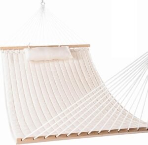Lazy Daze 12-foot double quilted fabric hammock with spreader bars and detachable pillow, two-person design with 450-pound weight capacity, ideal for outdoor patio, backyard, and poolside relaxation.