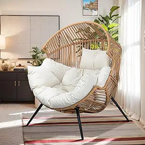 Vongrasig Outdoor Wicker Egg Chair PE Rattan Chair with Cushion, Oversized Patio Lounge Chair for Outdoor, Indoor, Balcony, Backyard, Garden, Beige