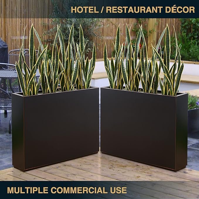 Elevate your outdoor space with this Metallic Heavy Planter Box! 🖤✨ Measuring 38" long, 10" wide, and 30" tall, this sleek black metal planter features a hand-brushed gold edge for a touch of modern luxury. Perfect for dividing spaces on patios, decks, and gardens, this tall and long planter adds height, style, and functionality to your outdoor or indoor decor — no assembly required!