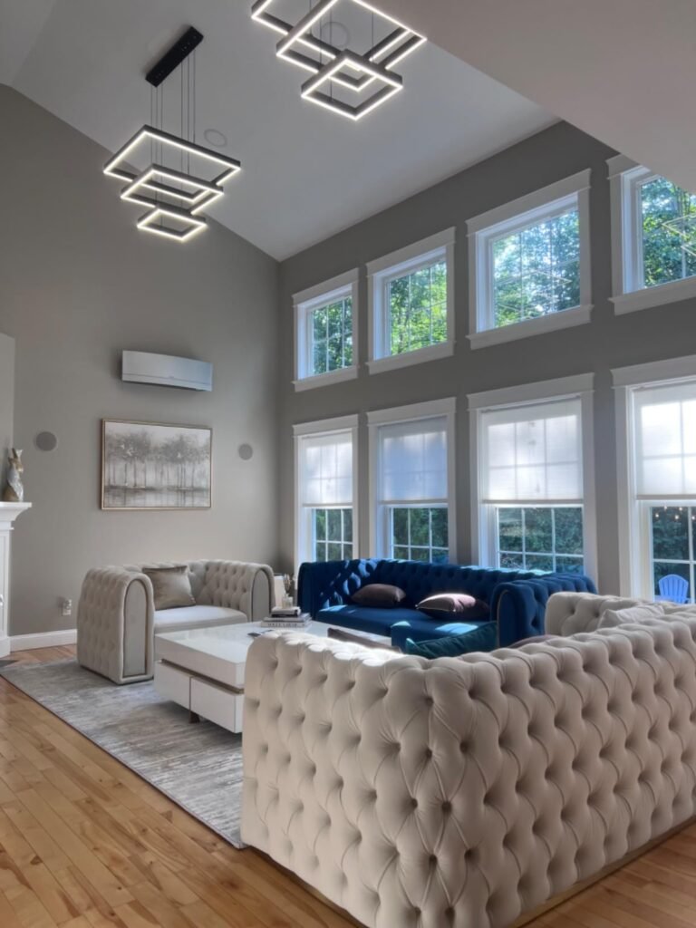 Modern 3 Rings Rectangle Chandelier for Living Room - Adjustable Height Luxury Foyer Lighting Fixture for High Ceiling, Hanging Dining Room LED Pendant Light