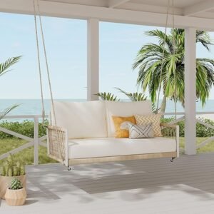 beautiful picture of a backyard with swinging couch