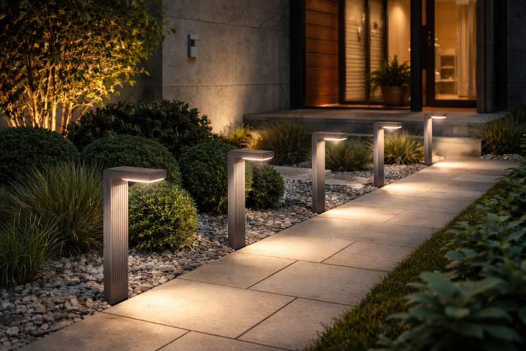 Modern outdoor pathway lighting illuminating a backyard walkway with sleek LED path lights, landscaped garden beds, and a contemporary home at night