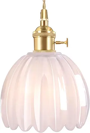 Mini Pendant Light with White Tulip Glass Lmapshade, Brass Vintage Pendant Light Adjustable Hanging Light for Kitchen Island Dining Room Hallway