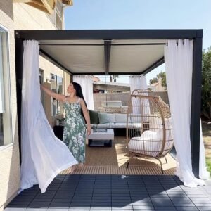 Adding curtains creates a cozier feel for this 10' x 14' adjustable louvered pergola, featuring a white sun shade roof, durable aluminum frame, and built-in drainage system. This modern hardtop gazebo is perfect for enhancing your deck, backyard, or garden with stylish shade and outdoor comfort.