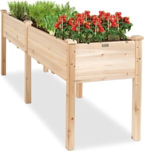Best Choice Products raised garden bed, 72x23x30 inches, elevated wood planter box with divider panel, six legs, and 300-pound capacity, ideal for backyard, patio, and balcony gardening.