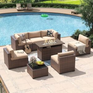 Eight-piece patio furniture set with beige wicker rattan sectional sofa, 44-inch fire pit table, coffee table, thickened cushions, and waterproof cover, perfect for outdoor patios and backyard entertaining.