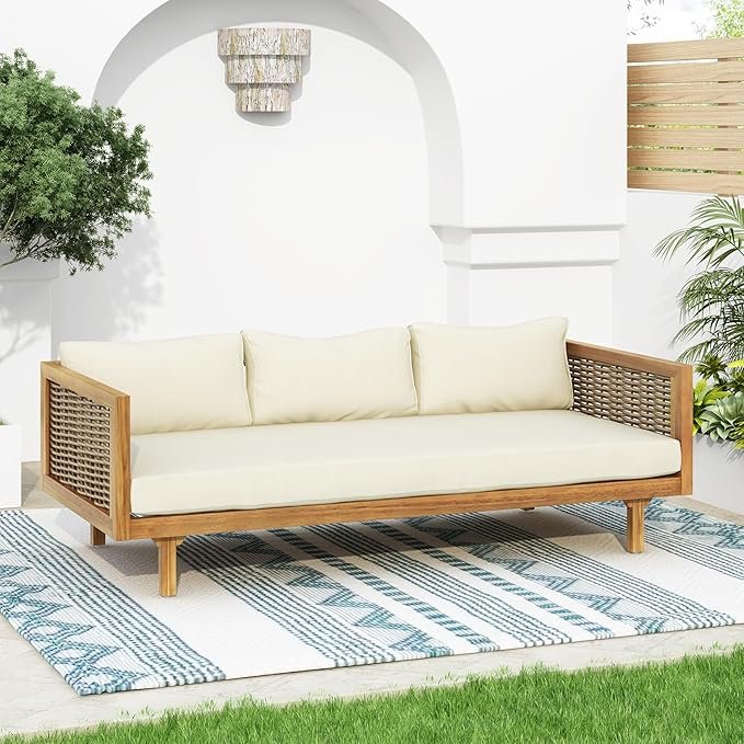 Upgrade your backyard or patio with the Merax 67.5" Outdoor Patio Daybed! 🏡☀️ This stylish 3-seater sofa bed features a durable acacia wood frame, elegant rattan-wrapped arms, and plush cushions with matching pillows for ultimate comfort. Perfect for lounging, entertaining, or afternoon naps, this versatile outdoor daybed adds natural charm and cozy sophistication to any patio, deck, or garden space.