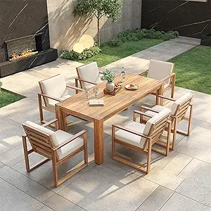 7 Piece Outdoor Patio Dining Set, Patio Table and 6 Armchairs Set with Umbrella Hole and Removable Cushion, All-Weather Acacia Wood Patio Furniture Set for Garden Backyard Lawn (Brushed Light Teak)