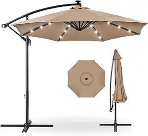 Best Choice Products 10ft Solar LED Offset Hanging Market Patio Umbrella for Backyard, Poolside, Lawn and Garden w/Easy Tilt Adjustment, Polyester Shade, 8 Ribs - Tan