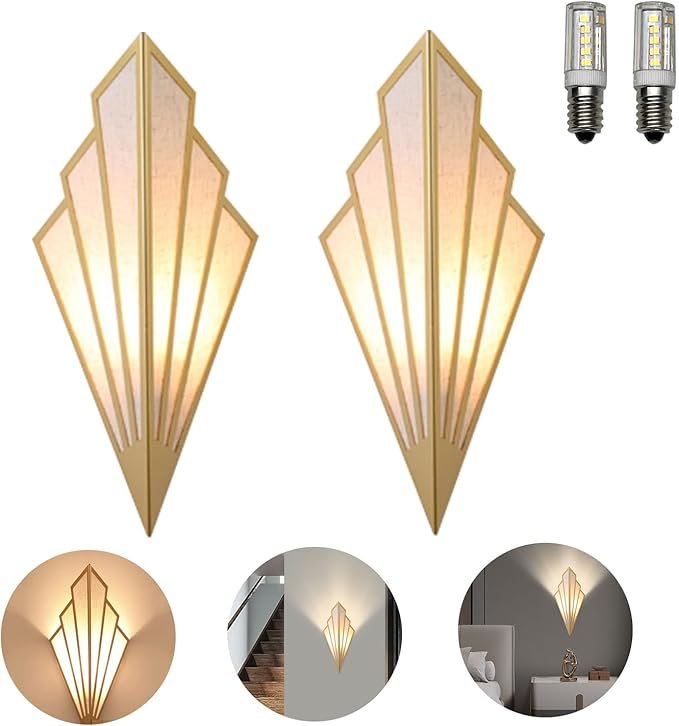 LJJ 2PCS Wall Sconces European-Style Fan-Shaped LED Wall Light Fixture Description: Inspired by classic European Art Deco designs, these fan-shaped LED wall sconces add a touch of sophistication to any hallway or bedroom. The set of two ensures symmetry and balance in your decor.​