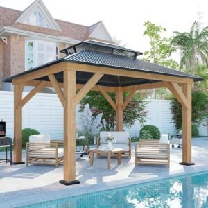 10x12 Solid Wood Gazebo, Hardtop Gazebo with Aluminum Double Roof, Outdoor Pergola with Wood Frame for Parties, Backyard, Lawns, Patio