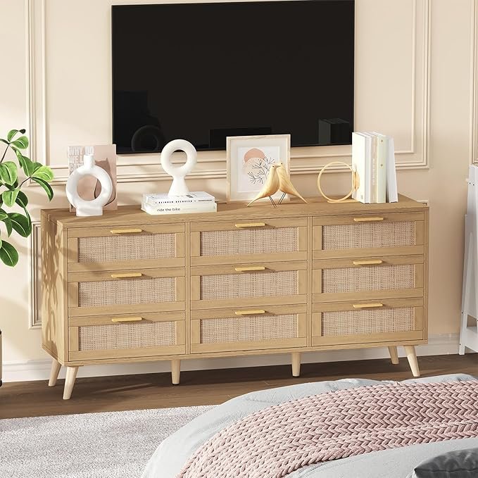 Rovaurx 9-Drawer Dresser This beautifully designed dresser blends natural wood tones with rattan drawer fronts and modern golden handles—making it the perfect mix of rustic charm and chic edge. Ideal for bedrooms, entryways, or living rooms, it’s a versatile Moto Boho staple that brings storage and style together.