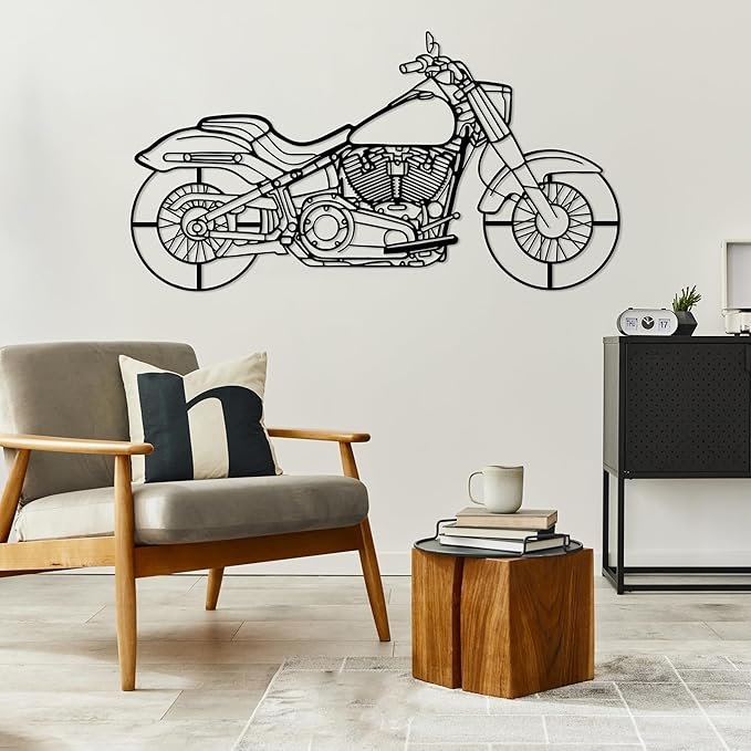 Add bold character to your Moto Boho space with this sleek metal motorcycle silhouette by DecoSoul. Perfect for living rooms, garages, or creative office walls, it blends industrial charm with artistic edge—ideal for anyone looking to make a strong style statement.