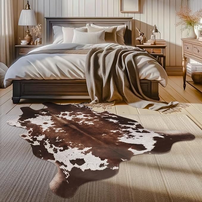 Faux Cowhide Cow Print Rug – 4.6 x 5.2 ftAdd a bold Western touch with this cowhide-print rug. Its irregular shape and soft faux hide texture bring rugged charm and boho flair to your Moto Boho living room or bedroom.