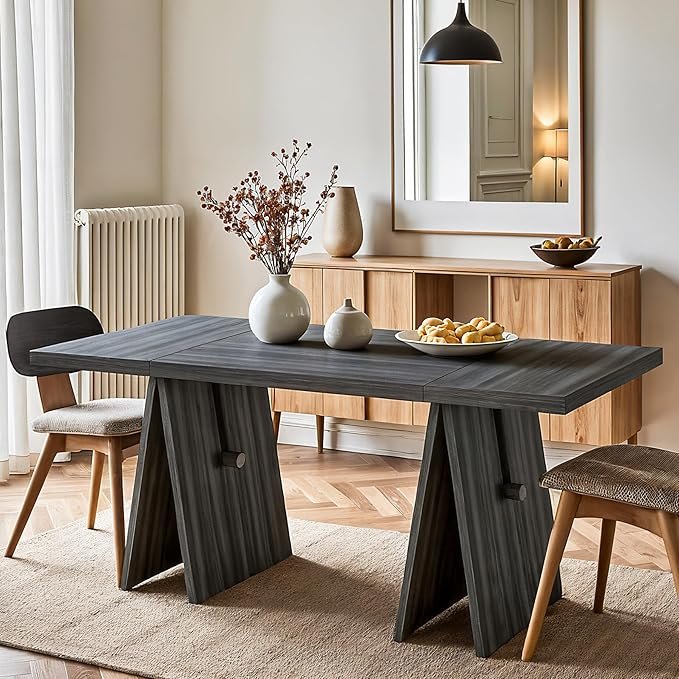 Tribesigns 63" Modern Dining Table for 6This rectangular table features a sleek grey wooden top with a bold, industrial-style base—perfect for Moto Boho kitchens or dining rooms. Its sturdy build and clean lines make it ideal for entertaining in style.