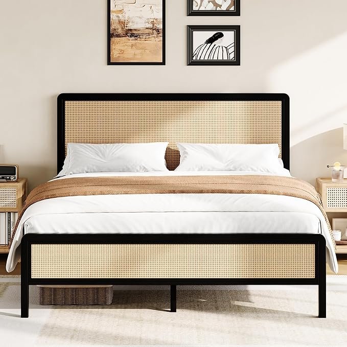 Rattan Bed Frame – Full Size with Metal PlatformThis black rattan and metal bed frame features a woven headboard and sturdy steel slats for modern support and boho texture. Noise-free and easy to assemble, it’s a functional statement piece that brings both comfort and attitude to your Moto Boho bedroom.