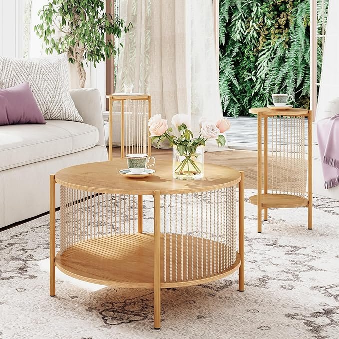 Brafab Natural Fiber Rope Coffee Table Set (Set of 3)This round coffee table set blends wood, woven rope, and metal into a perfect Moto Boho mix. With a large center table and two matching end tables, this set adds organic texture and warmth to your living room or apartment lounge, all while maintaining a modern, earthy feel.