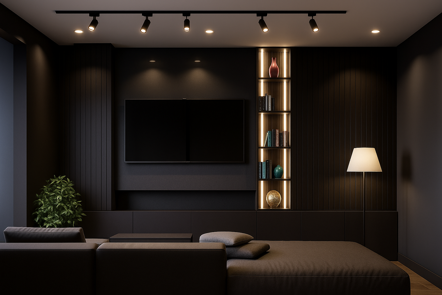 A sleek, modern living room featuring layered lighting with track lights, a floor lamp, and built-in shelf lighting, creating a cozy and elegant atmosphere with dark walls and minimalist decor.